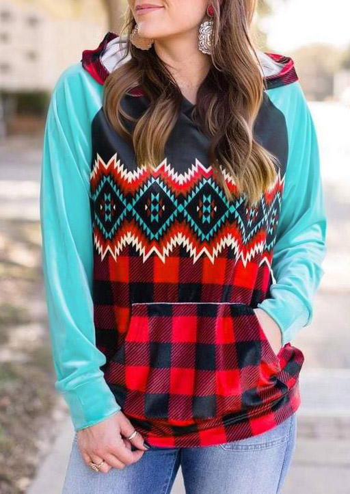 

Aztec Geometric Plaid Kangaroo Pocket Color Block Hoodie, Multicolor, 514909