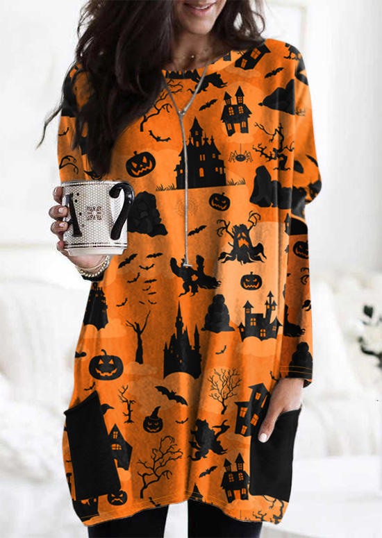 

Halloween Pumpkin Pocket Long Sleeve Blouse - Orange, 514969