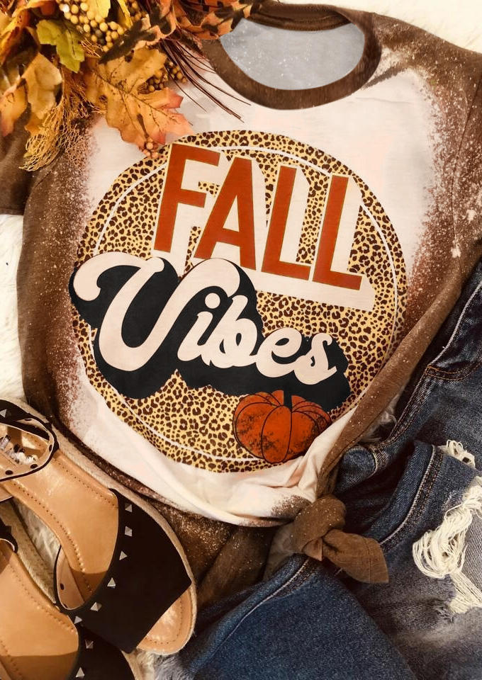 

Fall Vibes Pumpkin Leopard Bleached T-Shirt Tee - Brown, 514974