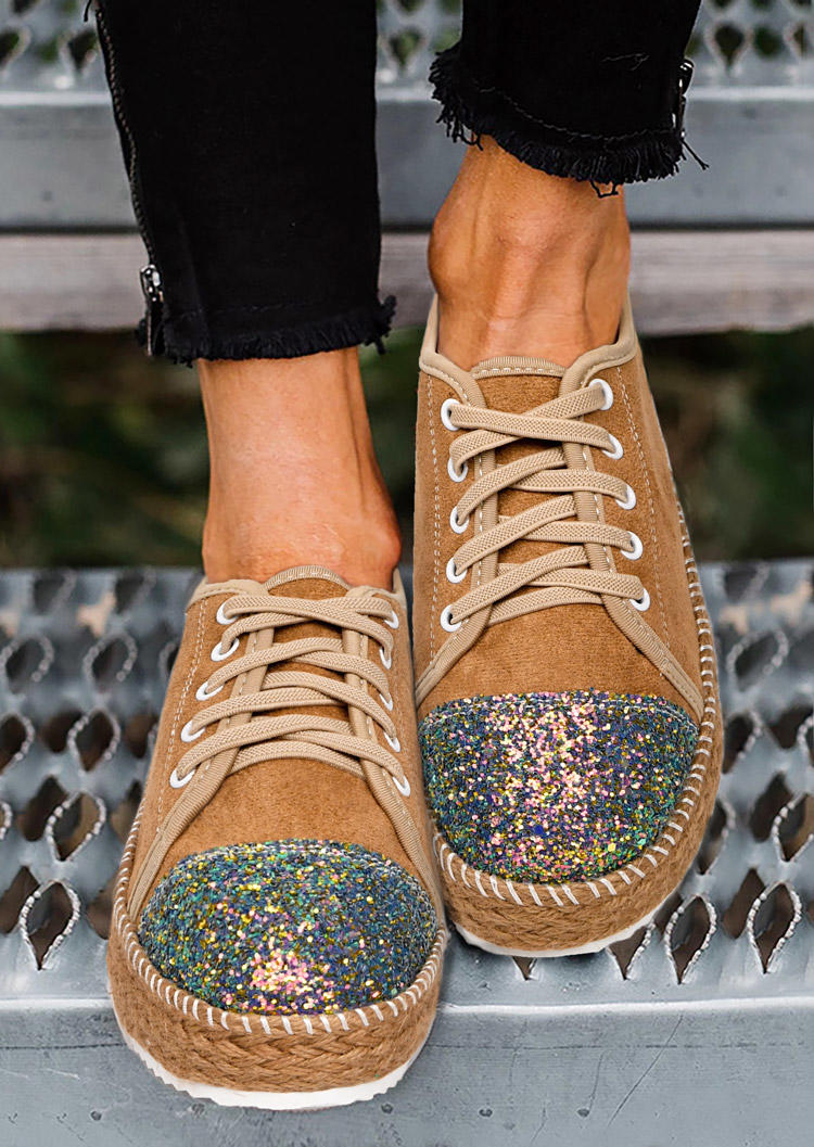 

Glitter Splicing Lace Up Flat Sneakers - Brown, 514977