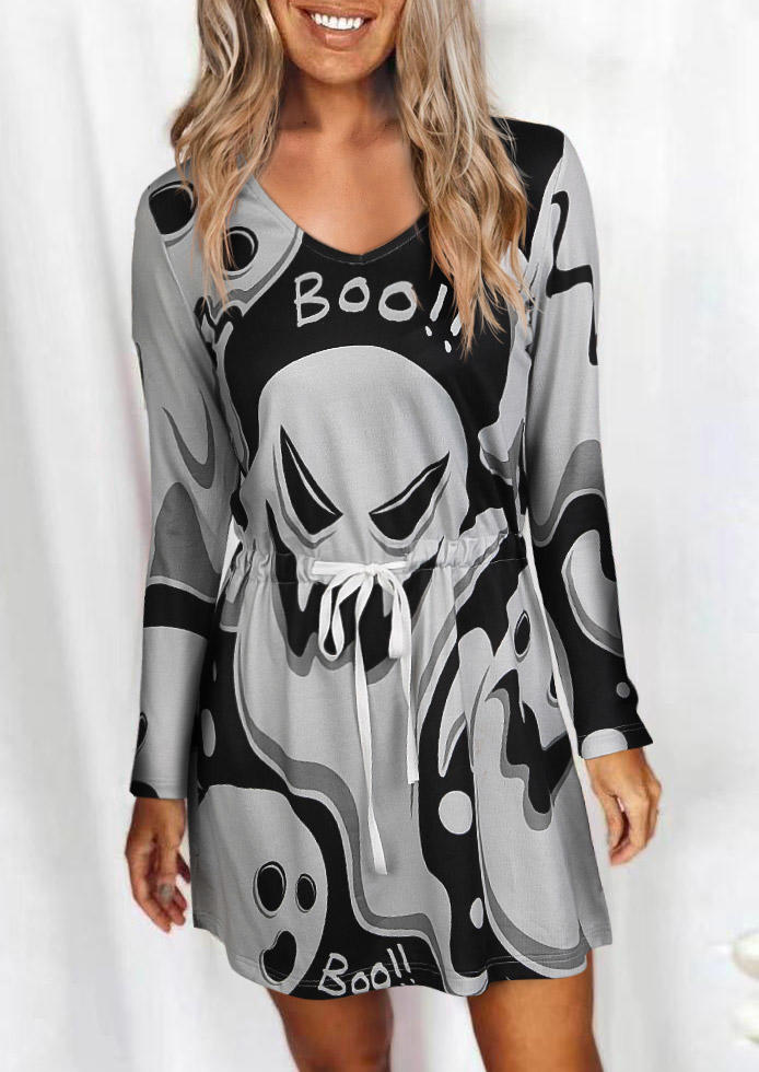 

Halloween Boo Ghost Drawstring Mini Dress - Gray, 514984
