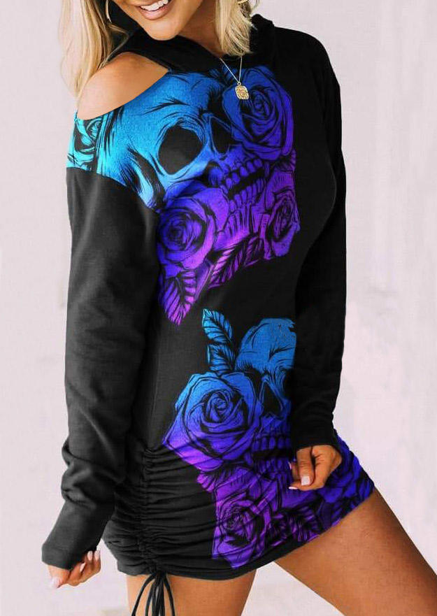 

Skull Rose Drawstring Mini Dress - Black, 515180