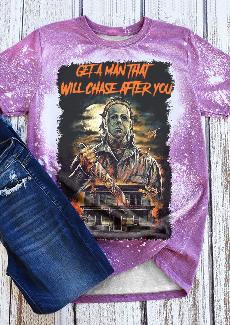 

Get A Man That Will Chase After You Halloween Bleached T-Shirt Tee - Purple, 515341