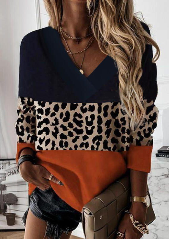 

Leopard Color-Blocked Long Sleeve Blouse, Multicolor, 515343