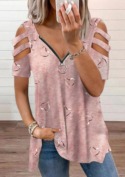 

Heart Zipper Hollow Out Blouse - Pink, 510603