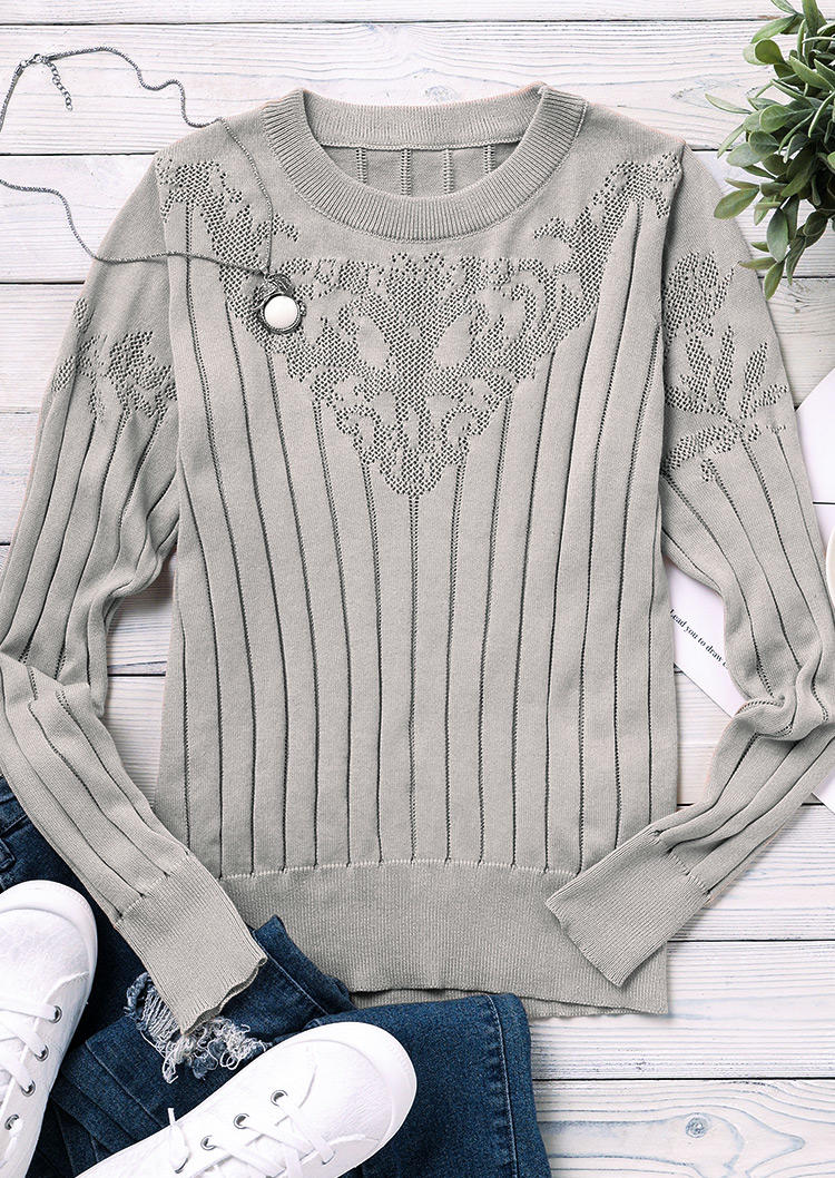 Floral Long Sleeve O-Neck Sweater - Khaki
