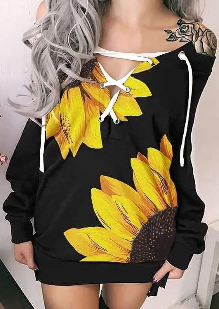 

Sunflower Lace Up Mini Sweatshirt Dress - Black, 514135