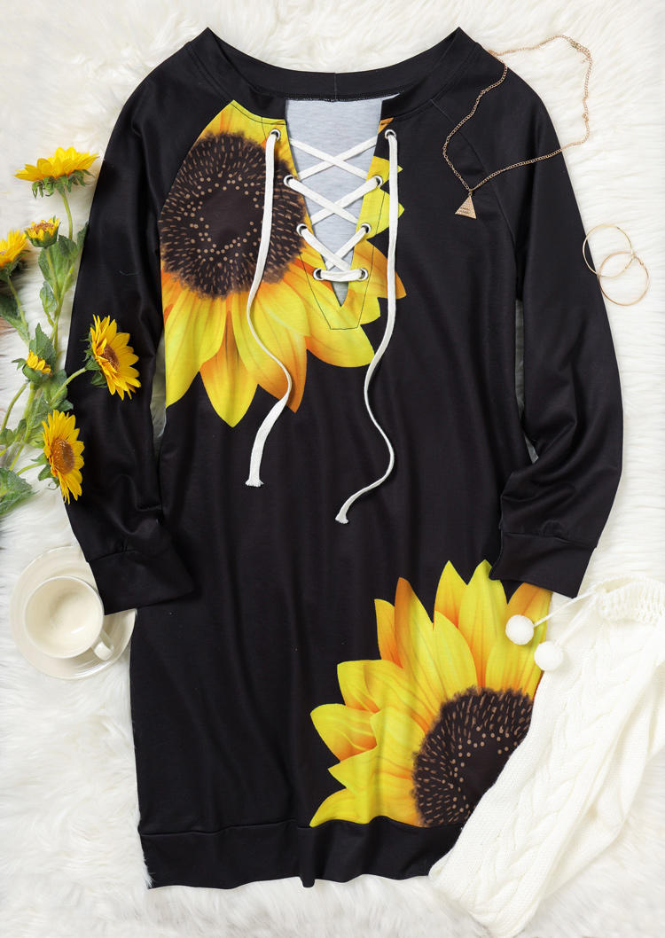 Sunflower Lace Up Mini Sweatshirt Dress - Black