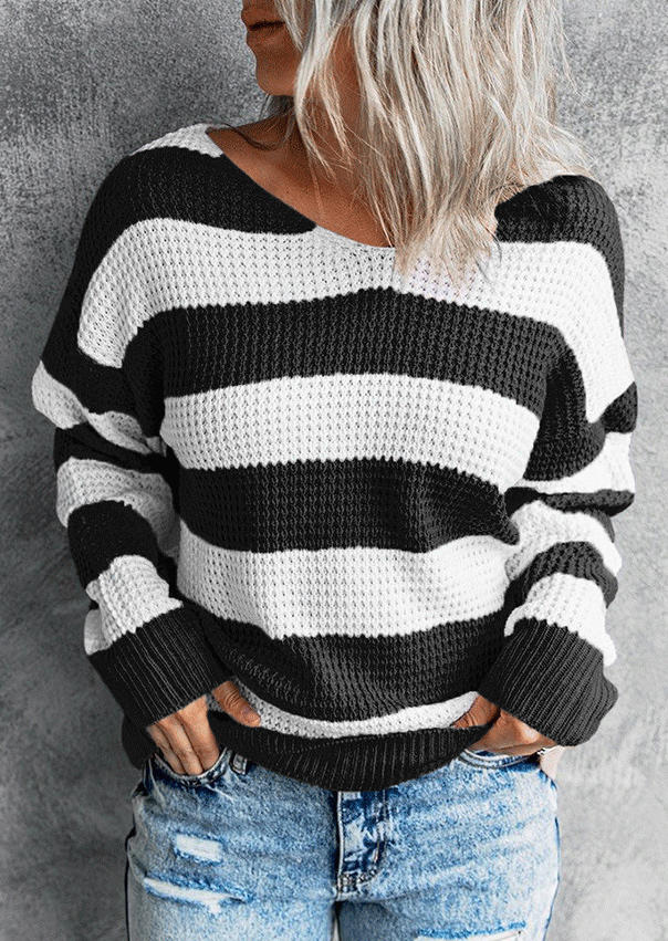 

Striped Long Sleeve V-Neck Sweater, Stripe, 514847