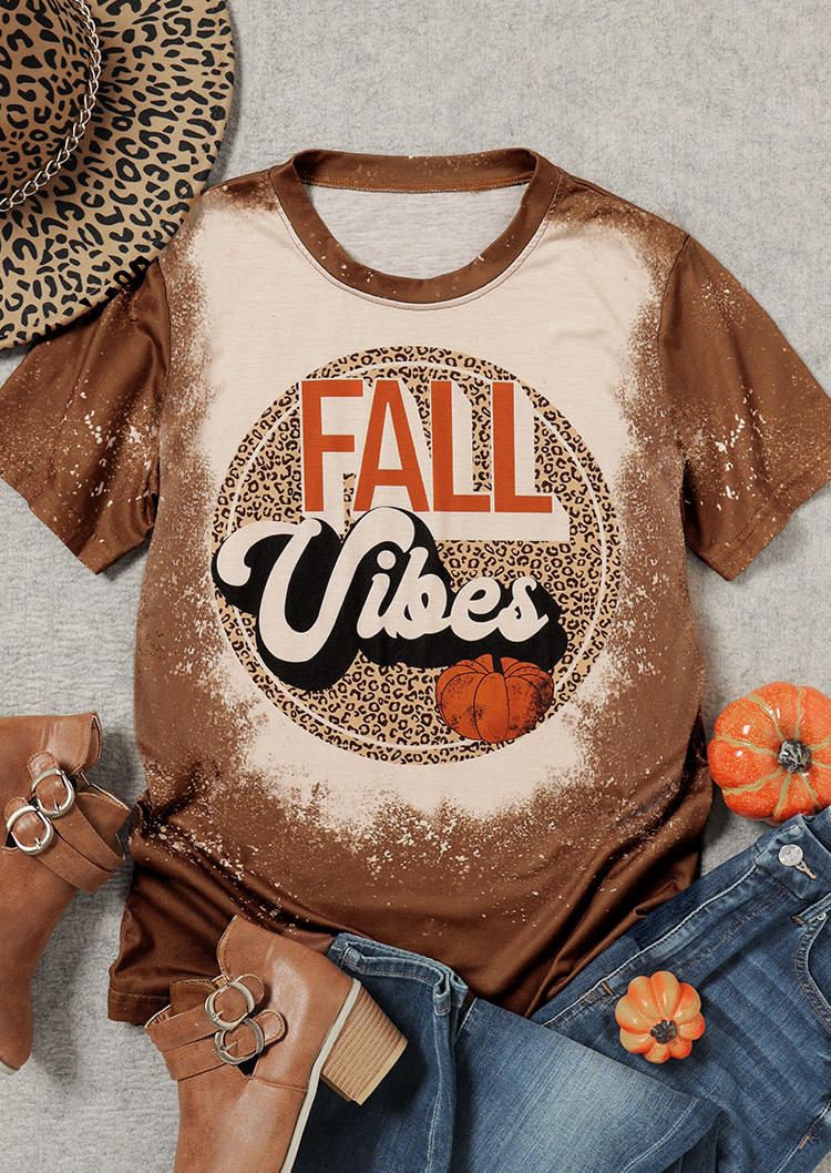 Fall Vibes Pumpkin Leopard Bleached T-Shirt Tee - Brown