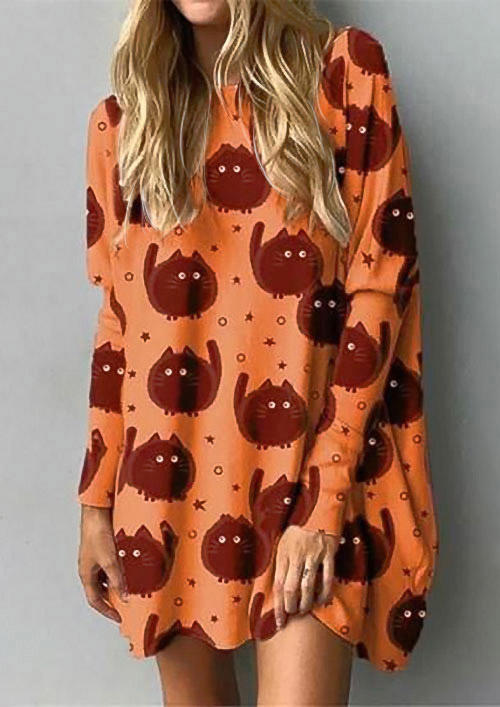 

Halloween Cartoon Cat O-Neck Mini Dress - Orange, 514990