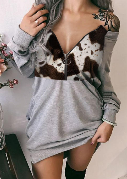 

Cow Splicing Zipper Collar Mini Dress - Gray, 515080