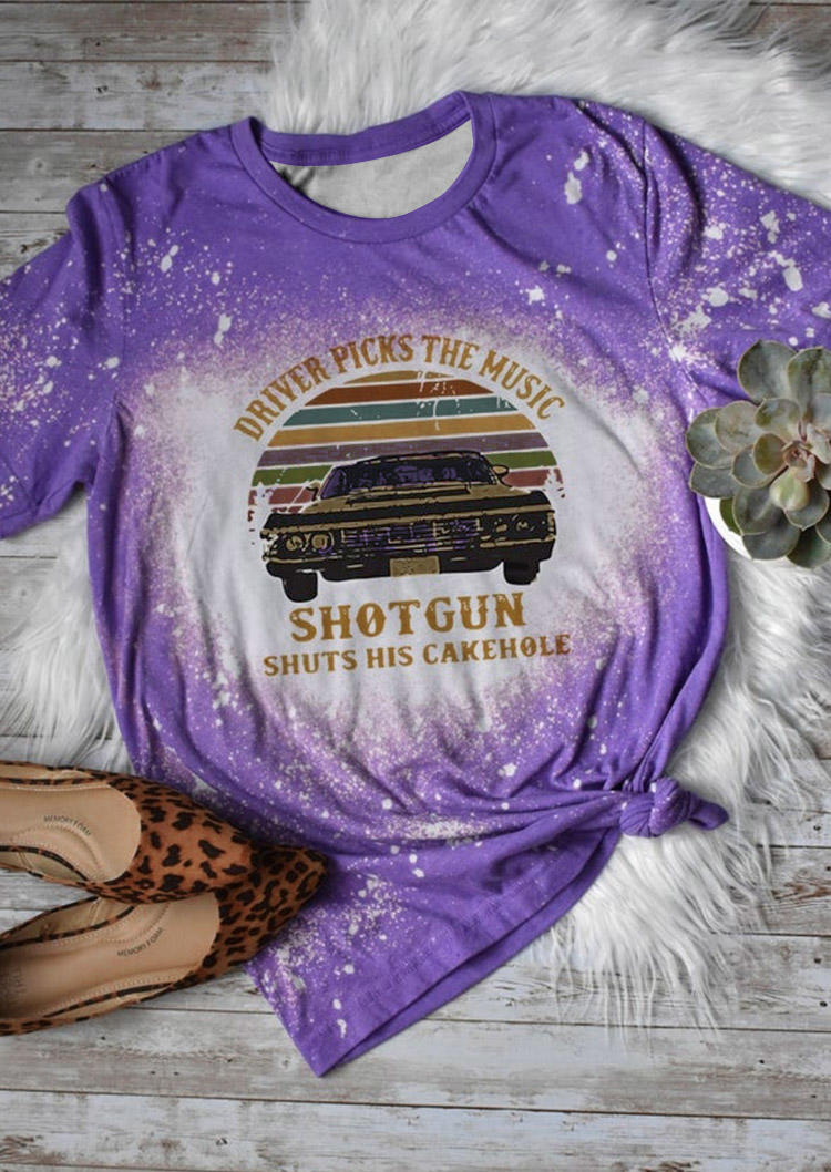 Driver Picks The Music Shot Gun Bleached T-Shirt Tee - Purple