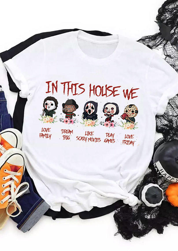 

Halloween In This House We Horror Bleached T-Shirt Tee - White, 515336