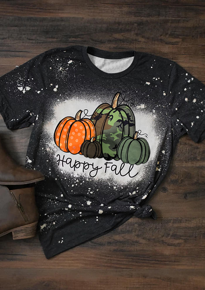 

Happy Fall Polka Dot Camouflage Pumpkin Bleached T-Shirt Tee - Black, 515417