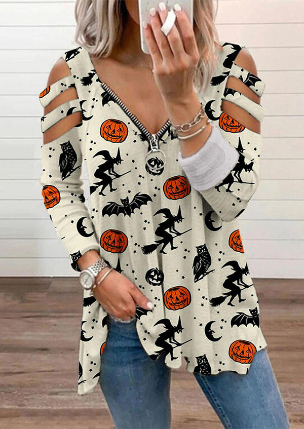 

Halloween Pumpkin Face Witch Blouse - Beige, 515432