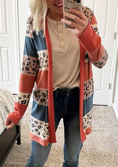 

Leopard Color Block Long Sleeve Casual Cardigan, Multicolor, 515471
