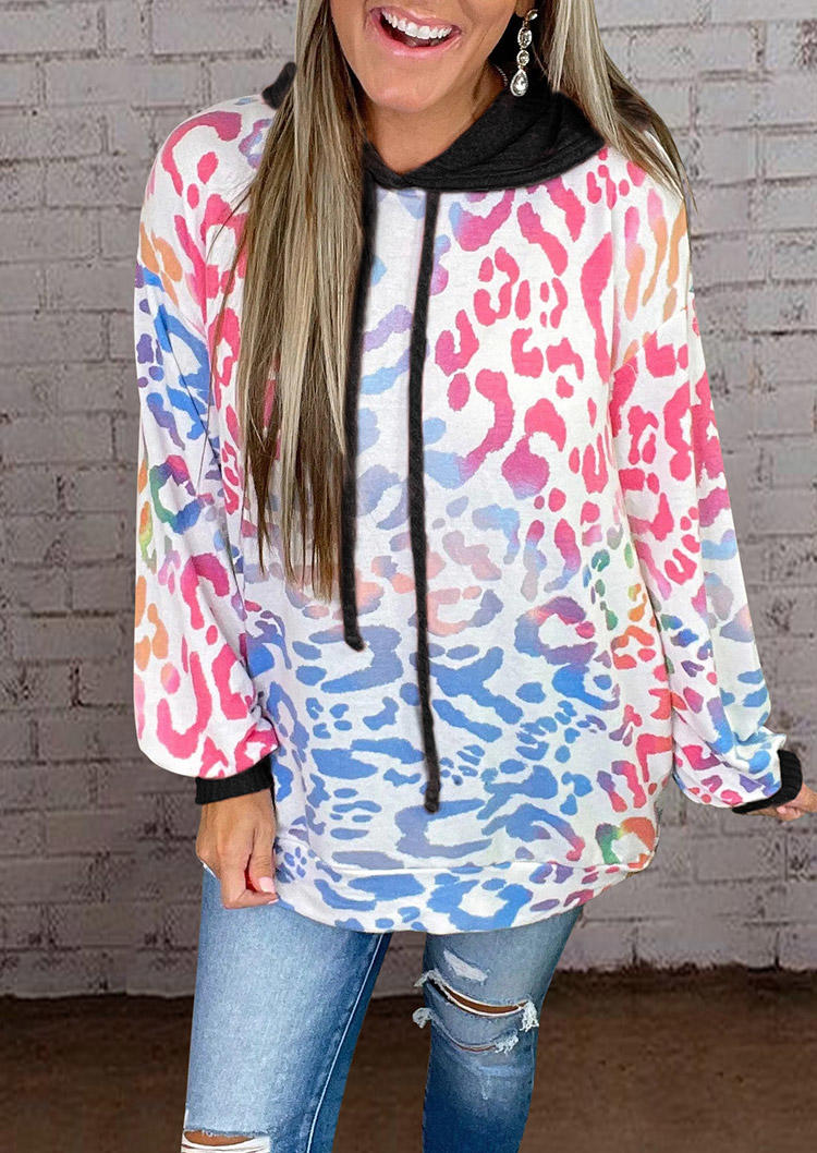 

Colorful Leopard Drawstring Splicing Hoodie, Multicolor, 514873