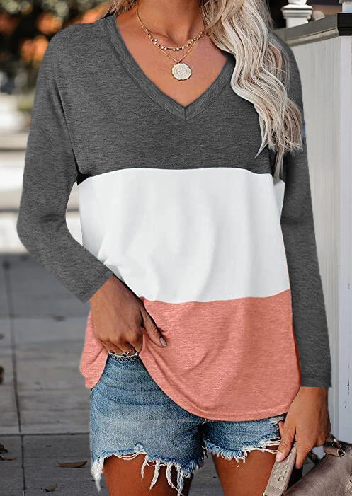 

Color Block Long Sleeve V-Neck Blouse, Multicolor, 515022