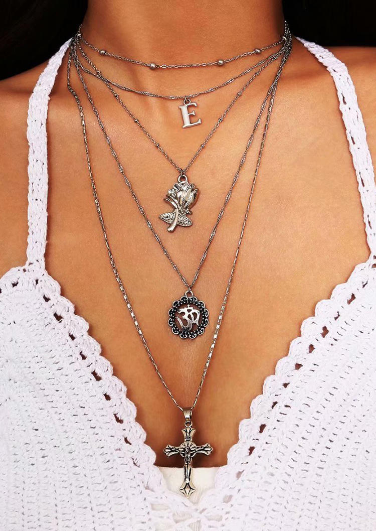 

Cross Floral Hollow Out Mandala Multi-Layered Pendant Necklace, Silver, 515035