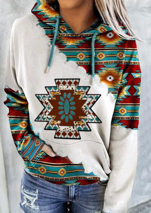 

Aztec Geometric Kangaroo Pocket Drawstring Hoodie, Multicolor, 515121