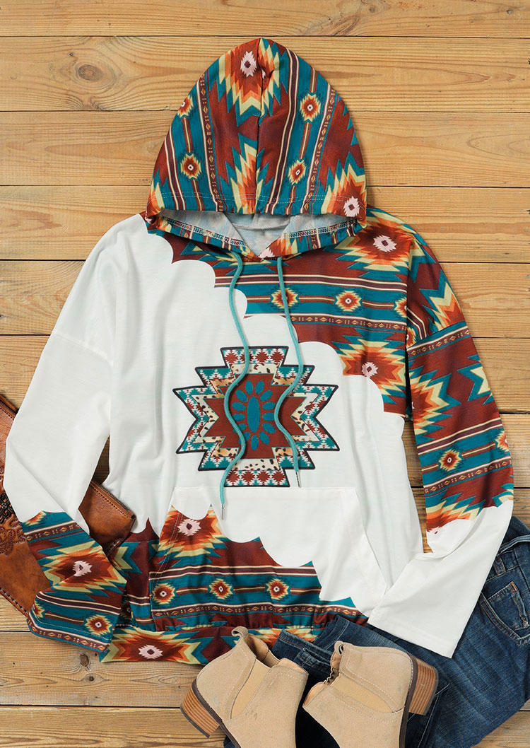 Buy Aztec Geometric Kangaroo Pocket Drawstring Hoodie. Picture