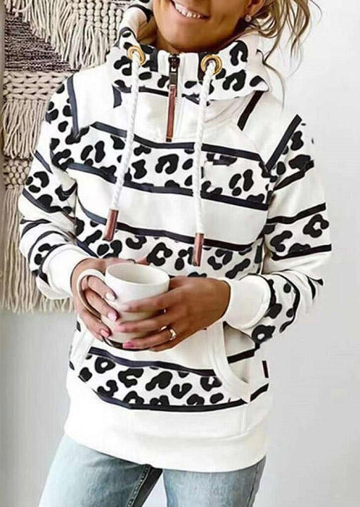

Leopard Drawstring Zipper Kangaroo Pocket Hoodie - White, 515136