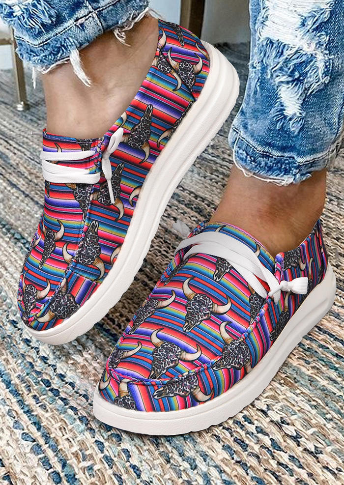 

Leopard Steer Skull Striped Lace Up Sneakers - Purple, 515312
