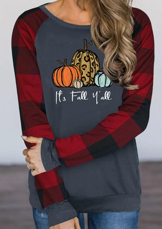 

It's Fall Y'all Leopard Pumpkin Plaid T-Shirt Tee - Gray, 515429