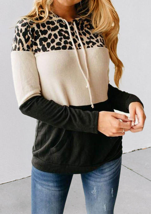 Leopard Splicing Color Block Drawstring Hoodie