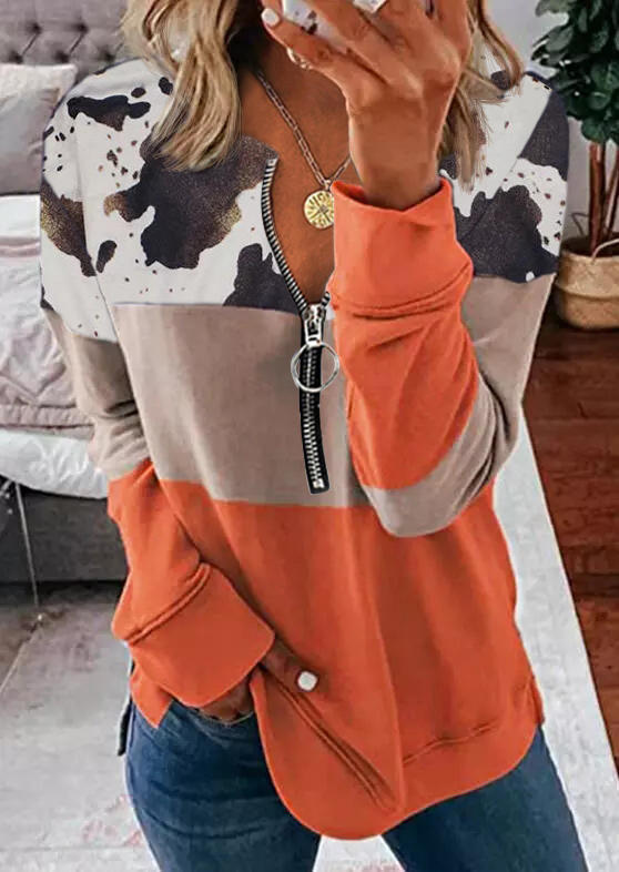 

Cow Color Block Zipper Long Sleeve Sweatshirt, Multicolor, 515507