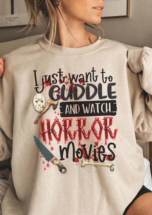 Halloween Cuddle And Watch Horror Movies Sweatshirt - Apricot