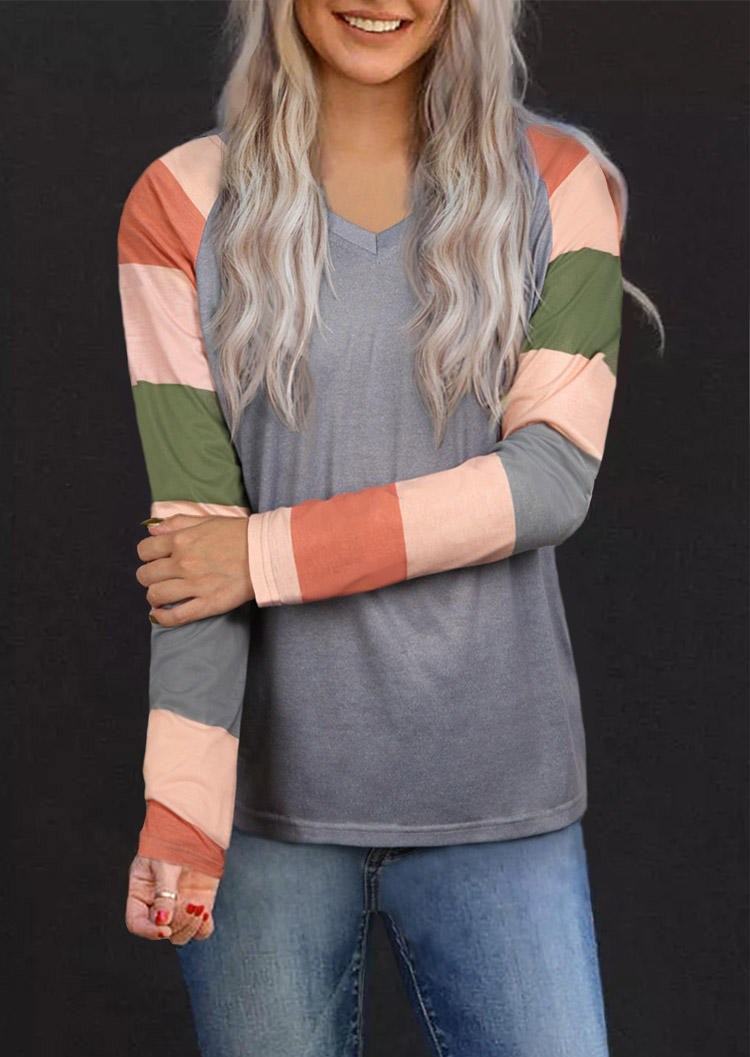 

Color Block V-Neck Long Sleeve Blouse, Multicolor, 512154