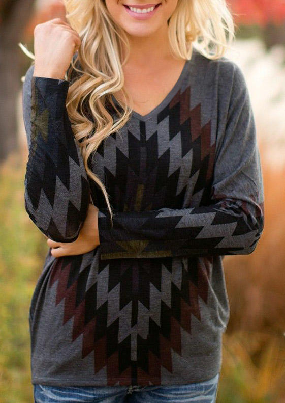 

Aztec Geometric V-Neck Long Sleeve Blouse, Multicolor, 514805