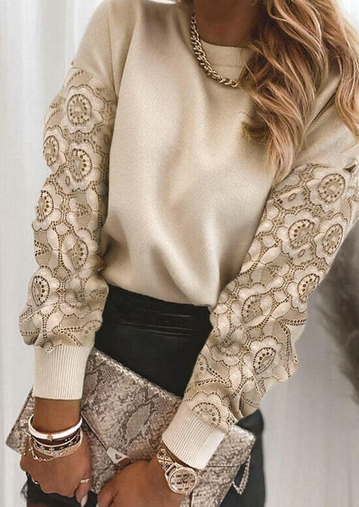

Lace Splicing Long Sleeve Blouse - Light Khaki, 515298