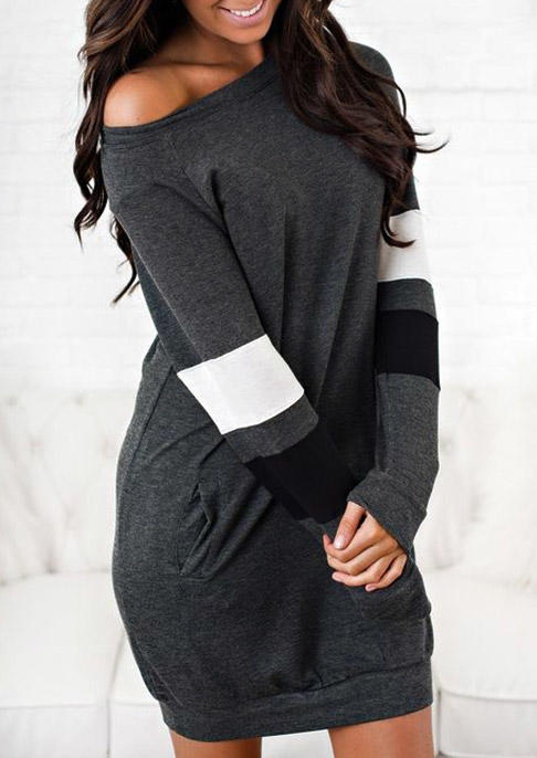 Color Block Long Sleeve O-Neck Mini Dress - Dark Grey