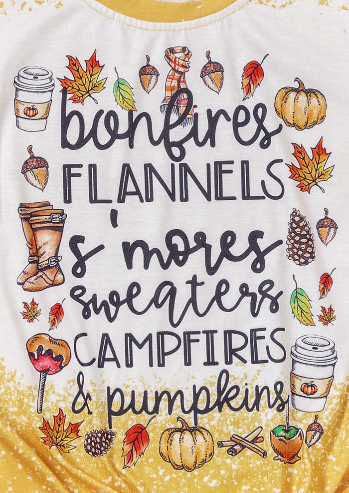 Bonfires Flannels Pumpkins Maple leaf Bleached T-Shirt Tee - Yellow