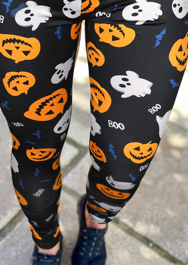 

Halloween Pumpkin Ghost Elastic Waist Leggings - Black, 515444