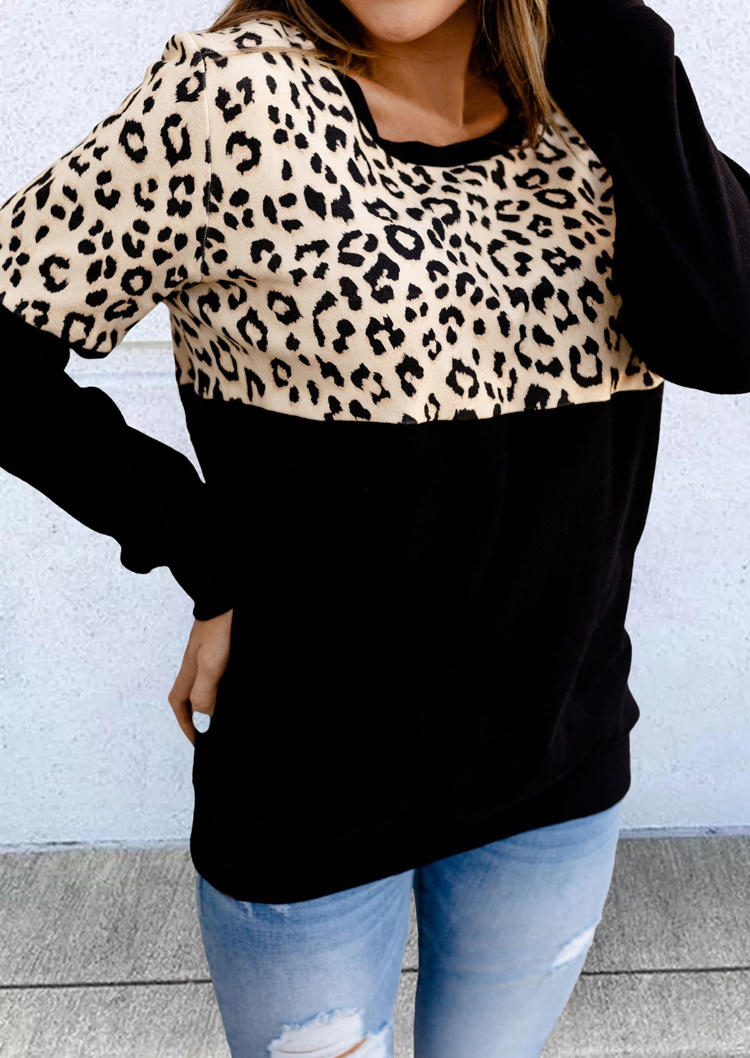 

Color Block Leopard O-Neck Pullover Sweatshirt - Black, 515488