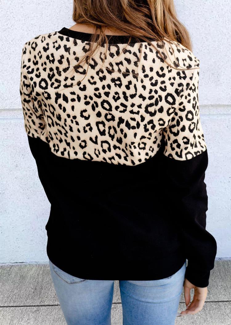 Color Block Leopard O-Neck Pullover Sweatshirt - Black