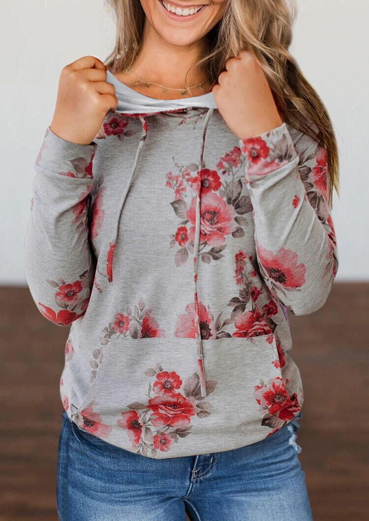 

Floral Kangaroo Pocket Drawstring Hoodie - Gray, 515600