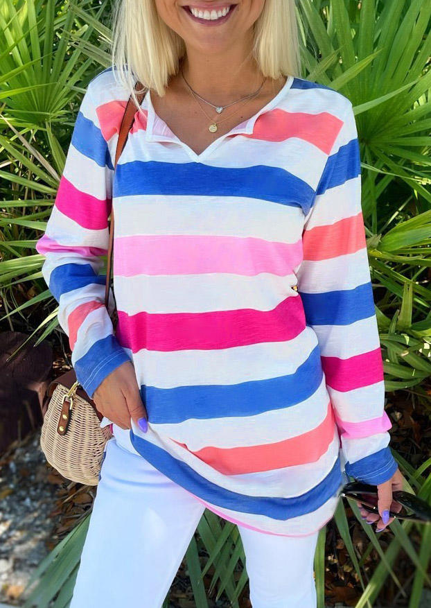 

Striped Color Block Long Sleeve Blouse, Multicolor, 515625