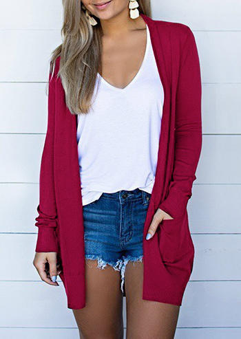 

Pocket Long Sleeve Casual Cardigan - Red, 515693