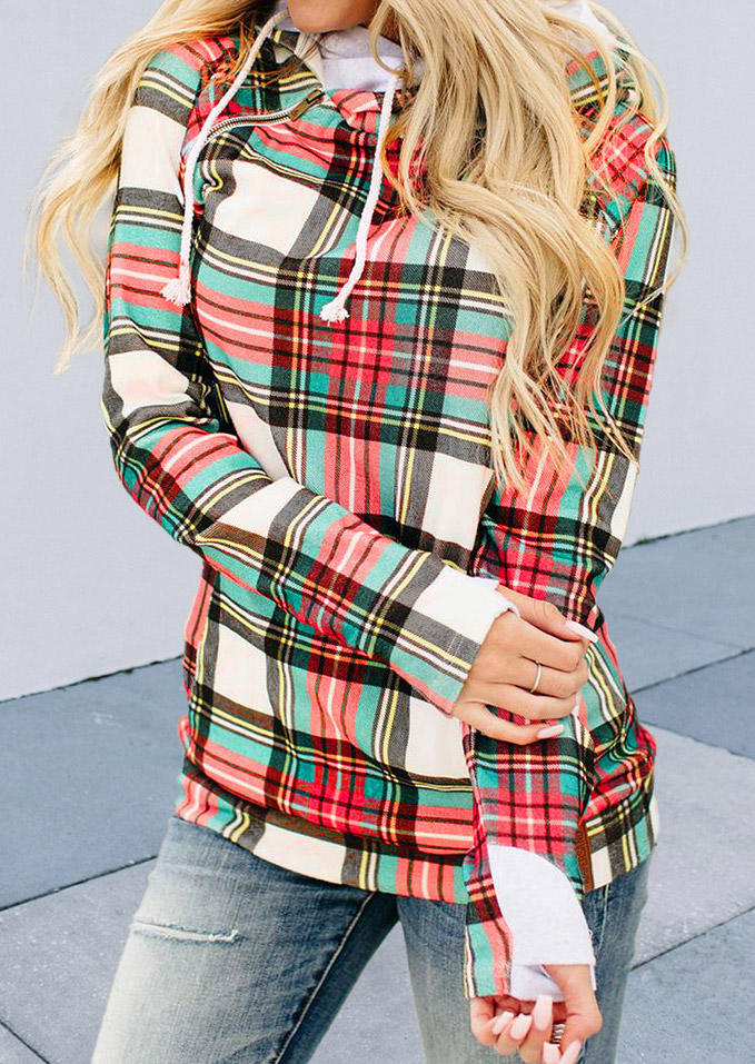 

Colorful Plaid Drawstring Long Sleeve Hoodie, 515436