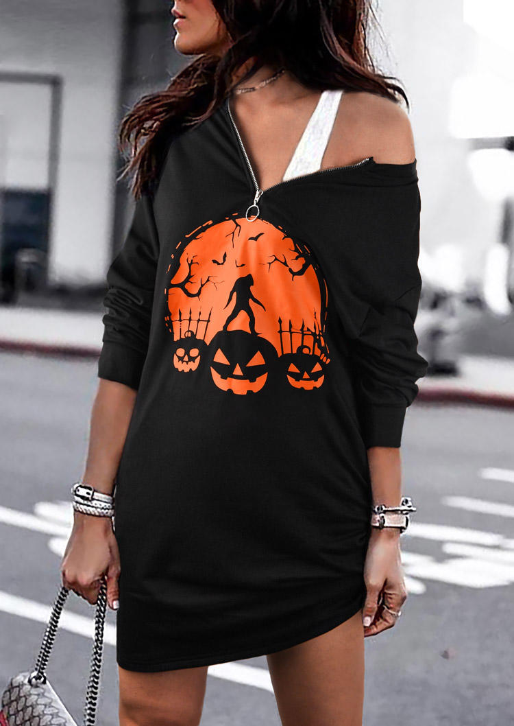 Halloween Pumpkin Face Bat Mini Dress - Black