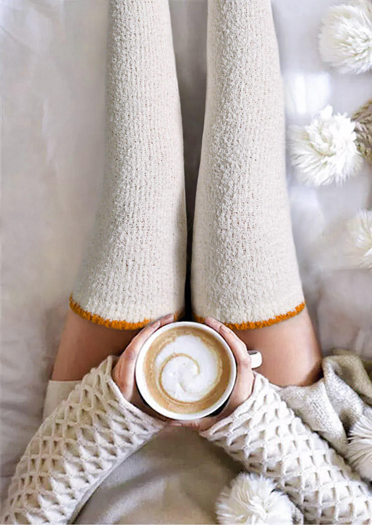 

Coral Fleece Warm Thigh-High Crimping Socks, Beige, 515470
