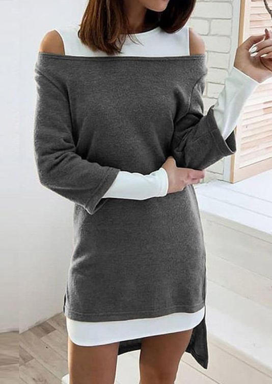 

Color Block Fake Two-Piece Hollow Out Mini Dress - Gray, 515616