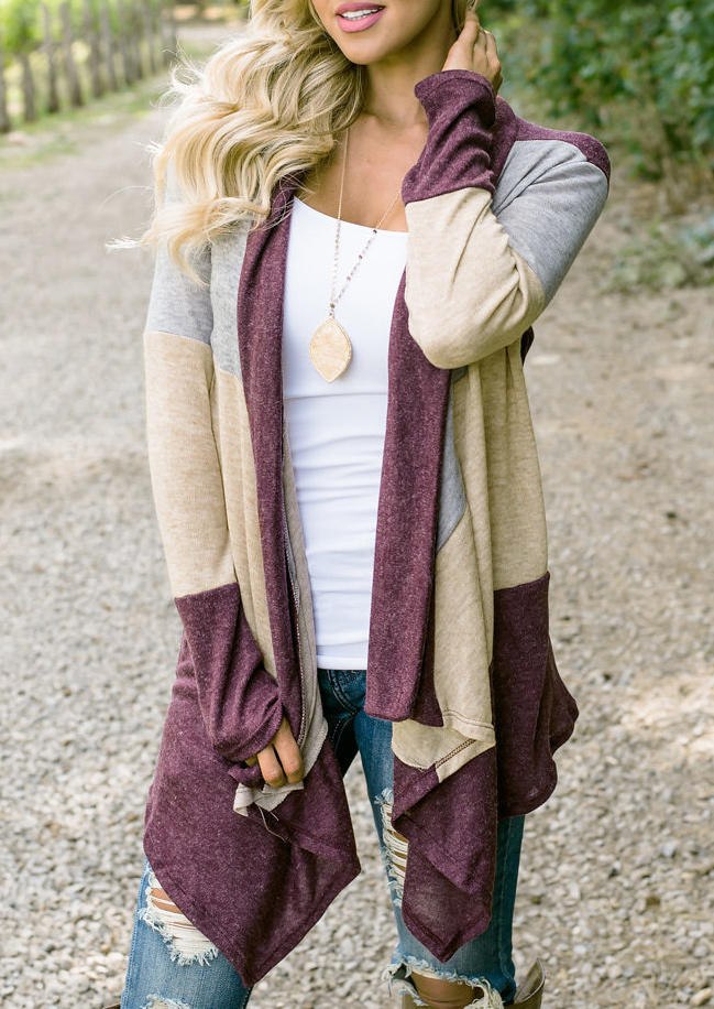 

Color Block Asymmetric Long Sleeve Cardigan - Purple, 515837