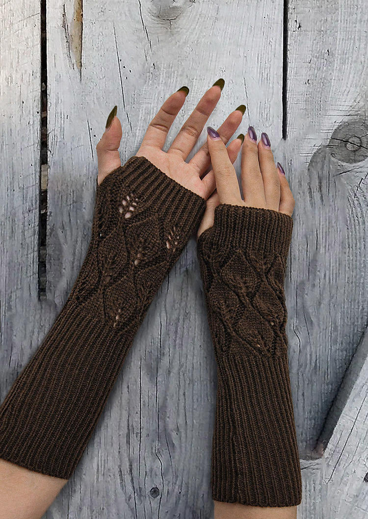 

Leaf Knitted Fingerless Gloves - Black, Coffee, 515133