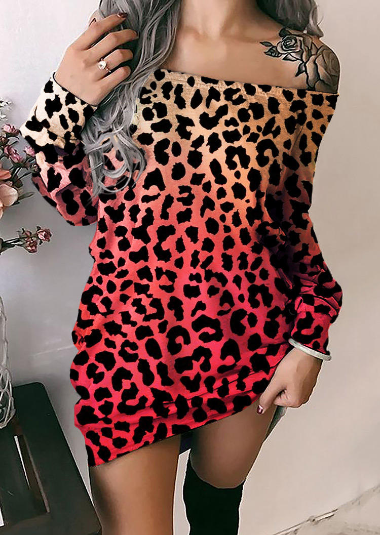 Leopard Gradient Ruffled Off Shoulder Mini Dress